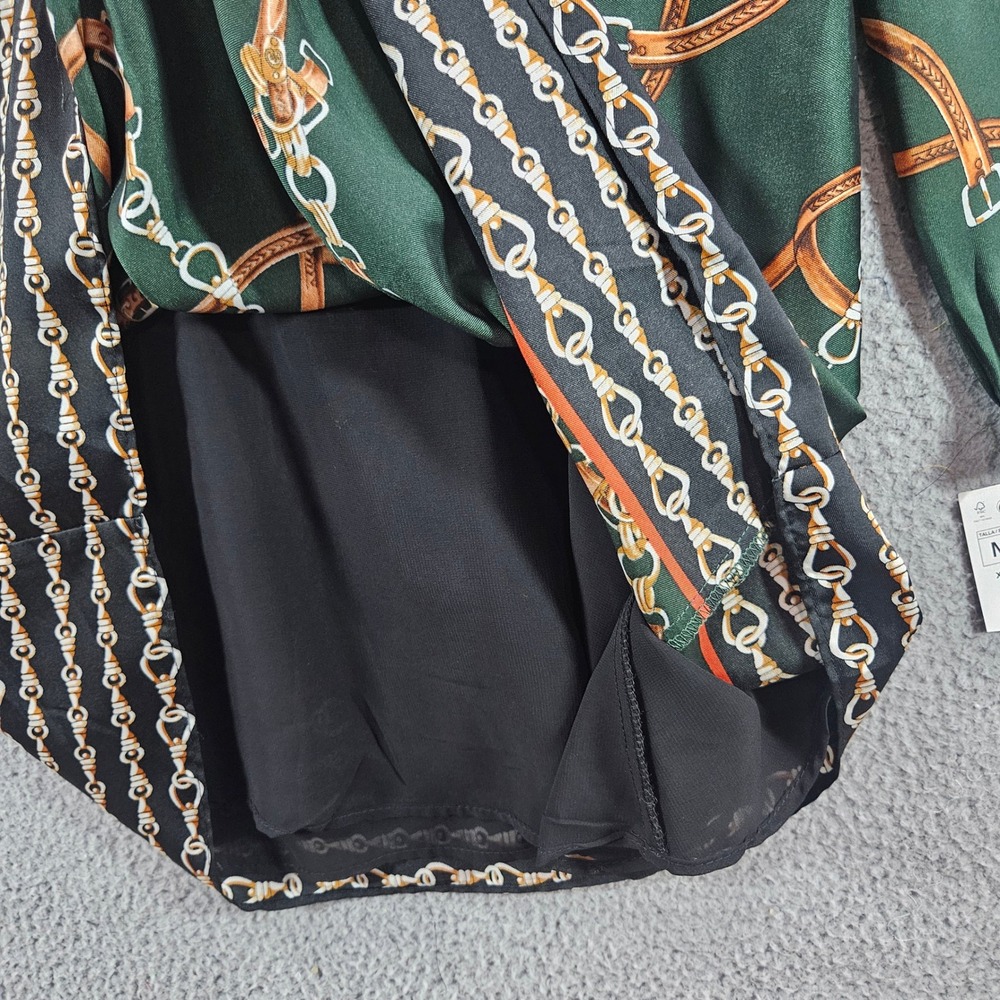 Zara Basic Green Equestrian Chain Belt Print Pleated Mini Dress Womens Sz M NEW - Picture 5 of 11